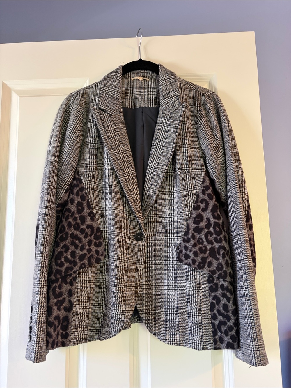 Mystree Gray Plaid Blazer with Leopard Panels